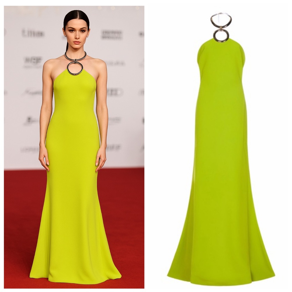 Elie Saab Green Maxi Gown Crepe Silk Halter Necklace 6 Formal Wedding Guest 🟡